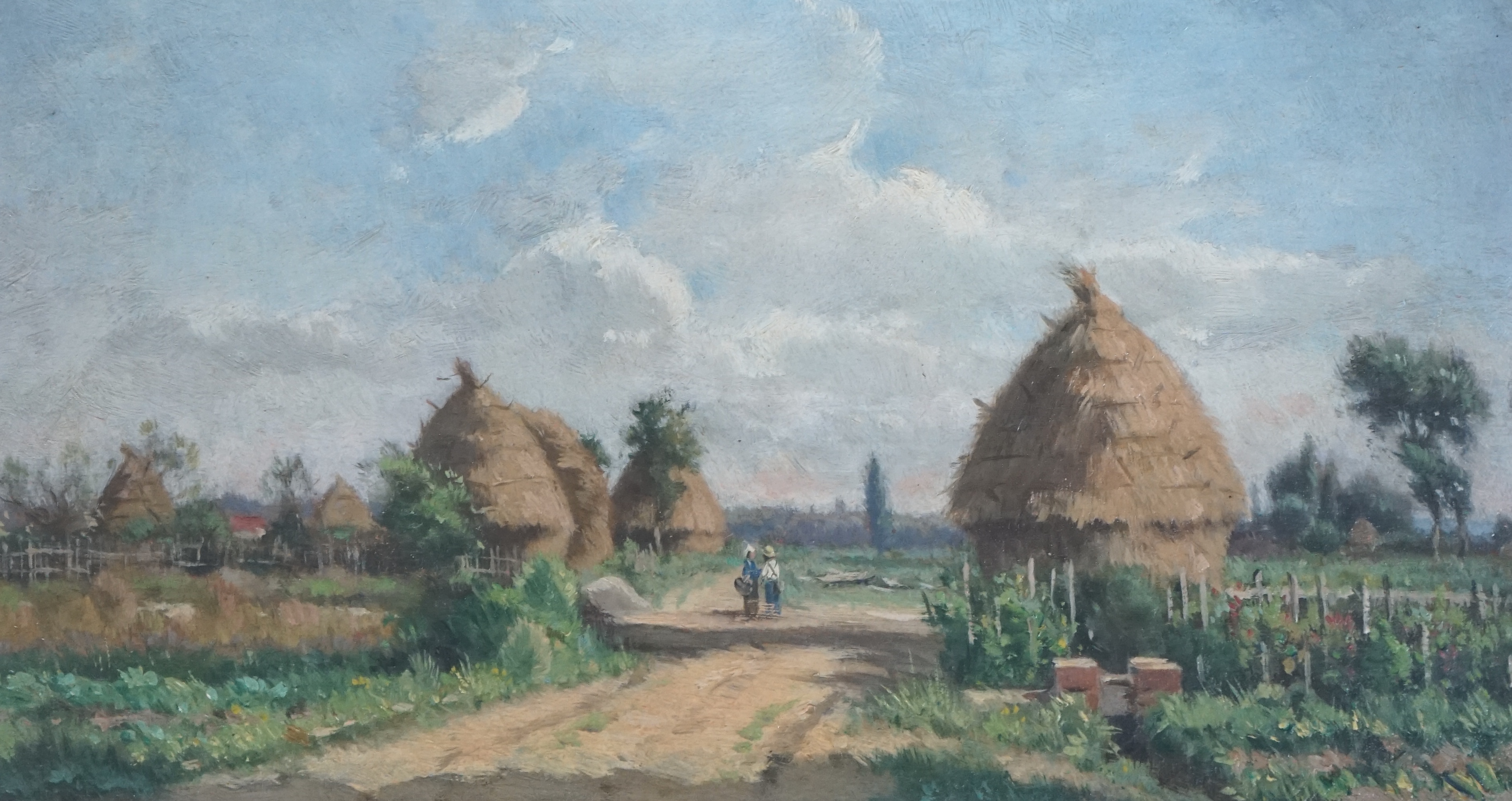 Adrien Jacques Sauzay (French, 1841-1928), Figures in a landscape with haystacks, oil on panel, 16 x 28cm